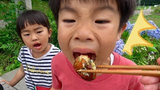 お外でたこ焼きパーティー！たこ焼き熱すぎてかえでくん撃沈・・・　パパは男の料理！　BBQ　アウトドア　外遊び