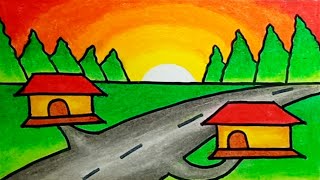 How To Draw House Scenery With Oil Pastels |Drawing House Easy Scenery