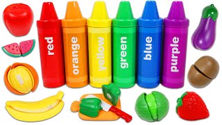 Learn Colors With Rainbow Shorting Crayons and Toy Velcro Cutting Fruit and Vegetables!