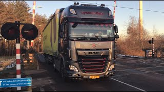 A lot of trucks running after stop, train passing by the railroad crossing! Truckspotting video 👍🚛🚛🚛