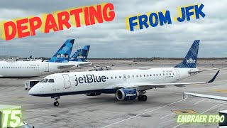 Departing from John F. Kennedy Int'l Airport (JFK) Terminal 5 JetBlue Embraer E190 Takeoff (4K)