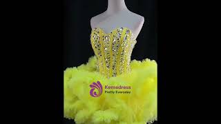 kemedress Yellow Tulle Sweetheart Crystal Homecoming Dress