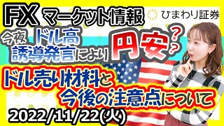 FXマーケット情報：今夜はドル高誘導発言により円安？ドル売り材料と今後の注意点について!!★経済指標やニュースを毎日配信（2022年11月22日の相場解説）