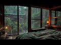 serene rainy morning 🌧️ cozy bedroom with a garden view and gentle rainfall outside the window