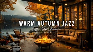 Autumn Porch Ambience 🍂 Rainy Day with Warm Jazz Music and Crackling Fireplace for Relaxing, Work