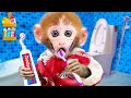 Baby Monkey Bin Bon Brush Teeth in the toilet and made colorful milk with duckling| KUDO ANIMAL KIKI