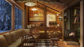 Winter Wooden Cafe Ambience with Smooth Jazz Music & Falling Snow on Window for Relaxation