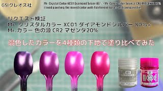 リクエスト検証 Mr. クリスタルカラー XC01 ダイアモンドシルバー 80％ + Mr.カラー 色の源 CR2 マゼンタ20％混色したカラーを4種類の下地で塗り比べてみた。