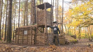 Bushcraft Camp: Full Super Shelter Tour (Tower, Ladder, Shelter, Roof, Log Store, Raised Bed)