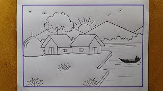 Easy and simple Scenery drawing with pencil| Village scenery drawing| Landscape scenery drawing