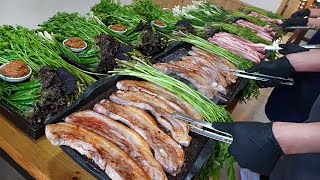 Grilled water parsley pork belly?! Pork belly of Healthy vegetabl \u0026 Boiled chicken./KoreanStreetFood