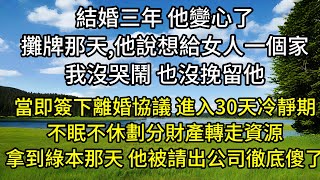 結婚三年 他變心了，攤牌那天 他說想給女人一個家，我沒哭鬧 也沒挽留他，當即簽下離婚協議 進入30天冷靜期，不眠不休劃分財產轉走資源，拿到綠本那天 他被請出公司徹底傻了