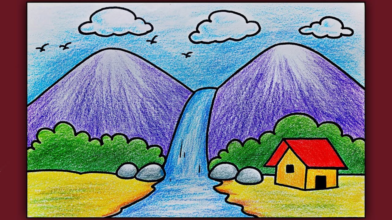 Simple Landscape Scenery Drawing For Beginners | Easy Waterfall Scenery Drawing With Color - YouTube