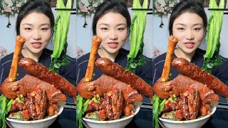 mukbang yummy food rice With Braised pork trotter bone meat and Green vegetables eat #viralfood