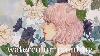 Plants and girls drawn with transparent watercolor [sasanqua, chrysanthemum, lantana]