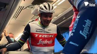 Mads Pedersen's warm-up dance for Gent-Wevelgem