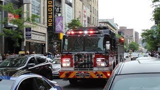 Montréal Fire Dept. Pumper 203 responding on Ste-Catherine street | Q Siren + airhorn