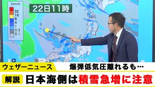 爆弾低気圧離れるも　日本海側は局所的な積雪急増注意