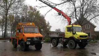 Unimog 424 U1000/1250 met kraan en U2450 met kraan