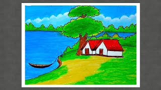 How to draw easy beautiful riverside scenery drawing step by step