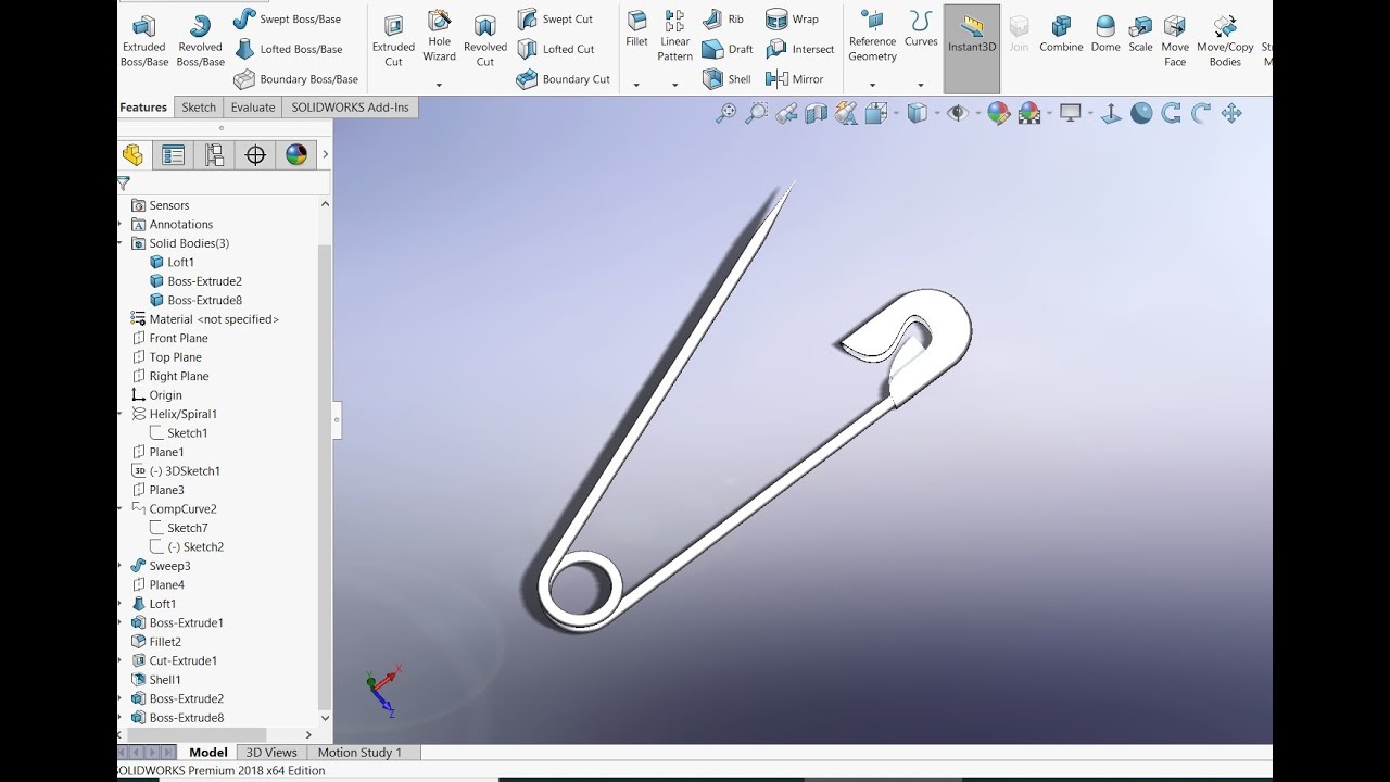 Solidworks - Tutorial - Pin - Safety Pin - Composite Curve - YouTube