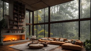 Soothing Rainy Jazz Music Ambience - Cozy Forest Living Room with Smooth Jazz Instrumental Music 🌧️