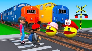 【踏切アニメ】電車が速すぎて危険すぎる🚦TRAIN VS PACMAN Rescue nick and tani Passersby Fumikiri 3D Railroad Crossing