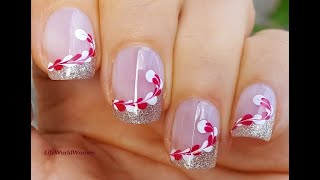 Gold CHRISTMAS FRENCH MANICURE With Candy Cane Nail Art Design ~ Holidays 2021