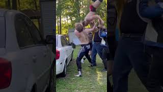 Sammie Evans with a #trampoline #backyardwrestling #funny #wrestlin #wrestling moonsault off a car !