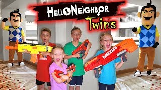 Hello Neighbor Twins in Real Life in a Hotel! Twin Toys PBT Nerf Battle and Toy Scavenger Hunt!