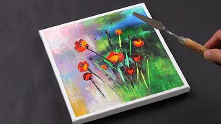 Flowers Painting / Poppies Abstract Painting with palette knife for beginners / ASMR Art / Day #202