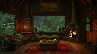 Rainy Afternoon in a Cozy Cabin 4K - Thunderstorm and Fireplace Ambience