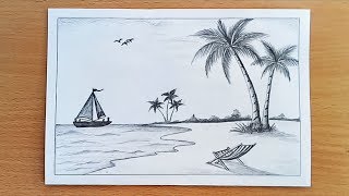 How to draw Sea Beach scenery with pencil sketch. Step by step(easy draw)