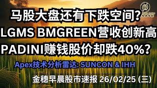 【金穗早晨股市速报 - 260225】马股大盘还有下跌空间？| LGMS BMGREEN营收创新高 | PADINI赚钱股价却跌40%？| Apex技术分析雷达: SUNCON \u0026 IHH