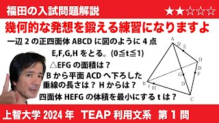 福田の数学〜上智大学2024TEAP利用型文系第1問〜正四面体に関する図形問題