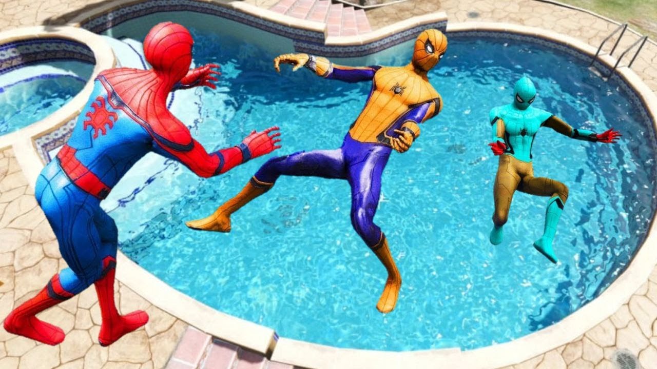 GTA 5 Rainbow Spiderman Falling Into Water Pool (Spider-Man Jumps ...