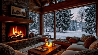 Snowy Winter Day at a Cozy Room Lakeside View Ambience ❄️ Relaxing Jazz & Warm Fireplace to Relax