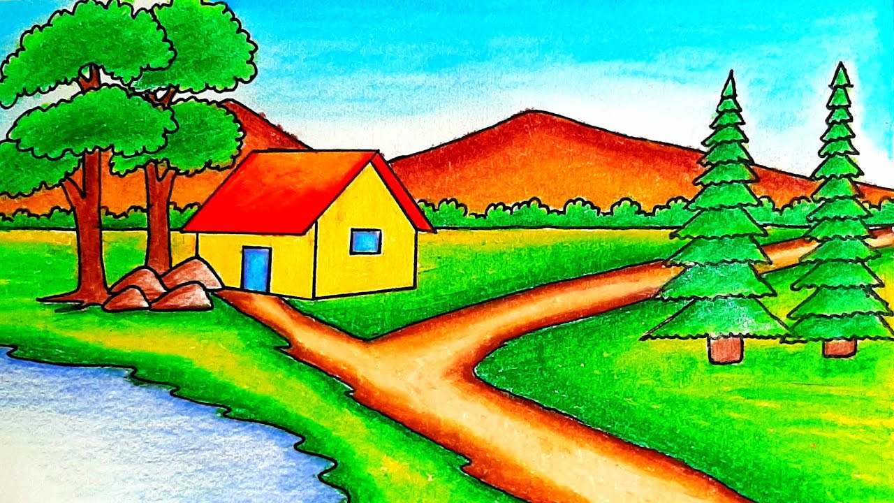 How To Draw Easy Scenery | Drawing Beautiful Village Scenery Step By ...