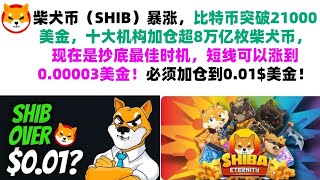 柴犬币（SHIB）暴涨，比特币突破21000美金，十大机构加仓超8万亿枚柴犬币，现在是抄底最佳时机，短线可以涨到0.00003美金！必须加仓到0.01$美金！shib币|柴犬币|屎币行情分析！