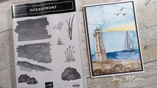 How to create a Lighthouse scene, perfect for mens' cards. Uses Oceanfront and Sailing Away stamps.