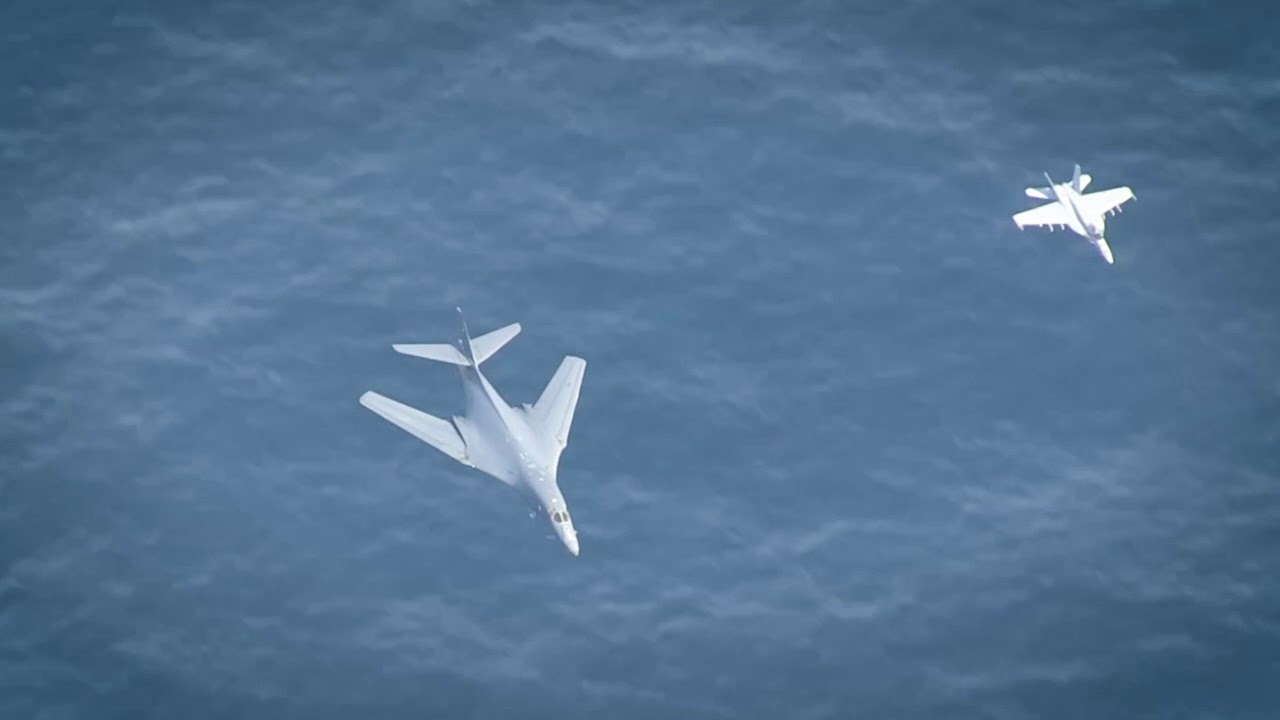 Supersonic B-1 Bomber Flyover Of 3 Nimitz Class Aircraft Carriers - YouTube