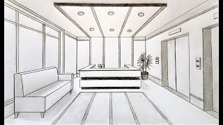 How to draw in one point perspective a reception room