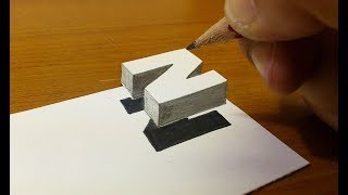 Very Easy!! How To Drawing 3D Floating Letter "N"  - Anamorphic Illusion - 3D Trick Art on paper