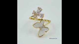 allthatsells Butterfly Flower Mother of Pearl Zircon 18K Gold Adjustable Ring Women