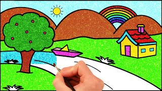 How to Draw Simple Landscape Picture | Glitter Painting for Kids | HooplaKidz How To