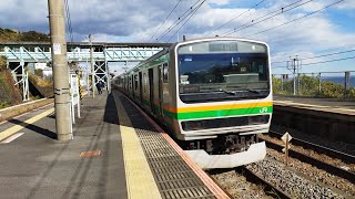 [ジョイント音最高！]E231系 U534編成 東海道線普通電車熱海行が根府川駅3番線を発車するシーン