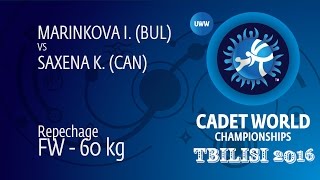 Repechage FW - 60 kg: K. SAXENA (CAN) df. I. MARINKOVA (BUL) by TF, 10-0