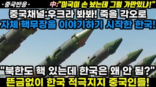 |중국반응|중국채널:우크라이나 봐라! 자체 핵무장을 이야기하기 시작한 한국! 북한도 있는데 한국도 있어야지! 갑작스런 중국인들의 적극적 한국 지지!