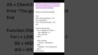 QBasic Program to Reverse a String and Check for Palindrome | FUNCTION…END FUNCTION Examples #qbasic