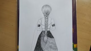 girl drawing in Indian traditional attire with four stranded braid hairstyle ll for beginners